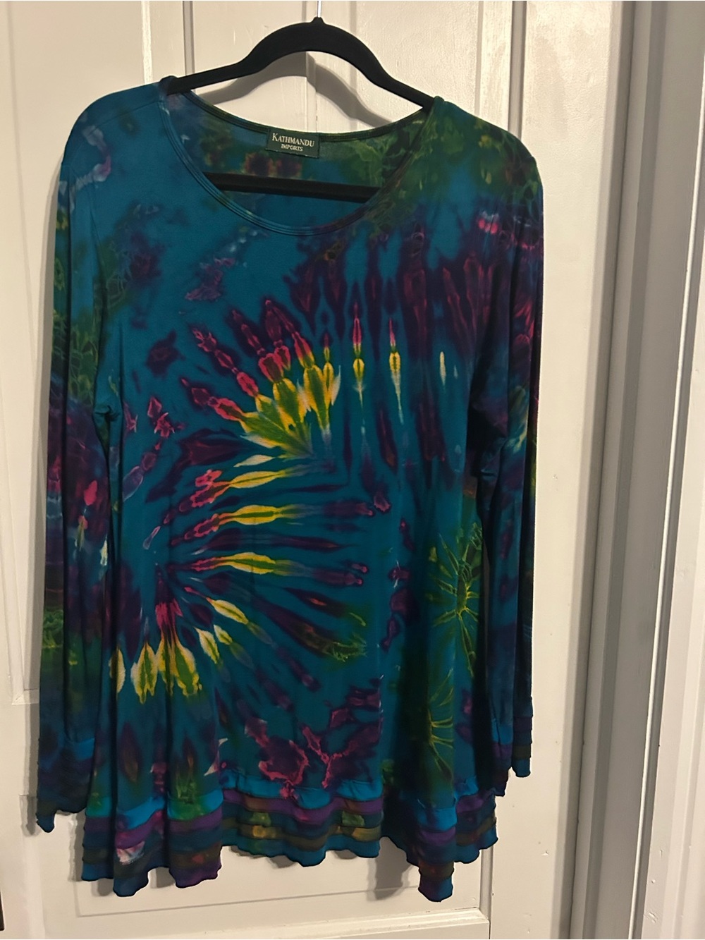 Kathmandu Teal Tie-Dye Long Sleeve Top with Yellow & Purple Accents